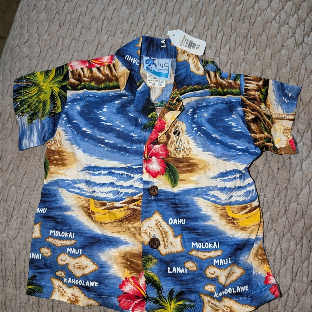 Blue Hawaiian Aloha Button-Up Shirt with Island Print